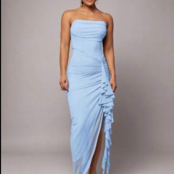 Sleeveless Strapless Sexy Ruched High Slit Ruffled Tie Wrap Long Baby Blue Dress - Picture 1 of 4